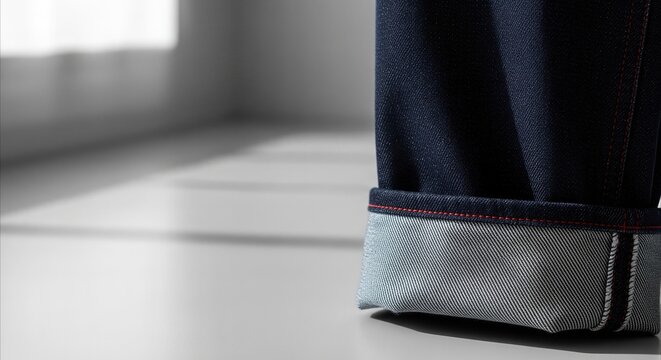 Selvedge denim hem with red stitching detail in soft focus studio, showcasing premium fabric and craftsmanship for fashion.