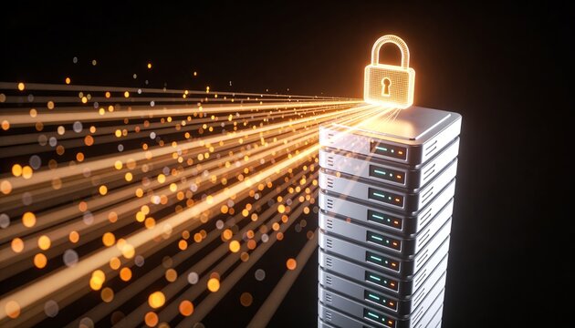 Radiant padlock hovering at the peak of a towering server stack emitting downward light beams, floating ascending data stream particles, minimalist clean 3D low-angle render, dark dramatic futuristic 