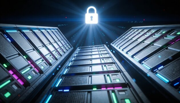 Radiant padlock hovering at the peak of a towering server stack emitting downward light beams, floating ascending data stream particles, minimalist clean 3D low-angle render, dark dramatic futuristic 