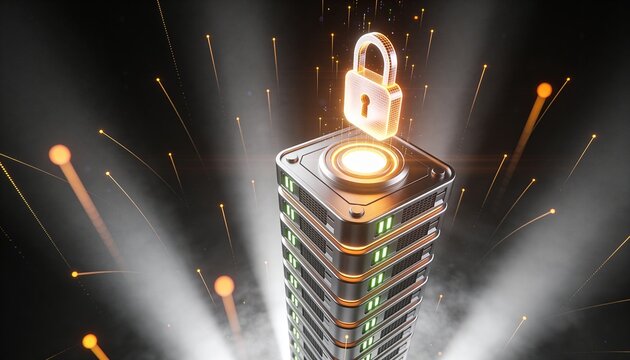 Radiant padlock hovering at the peak of a towering server stack emitting downward light beams, floating ascending data stream particles, minimalist clean 3D low-angle render, dark dramatic futuristic 