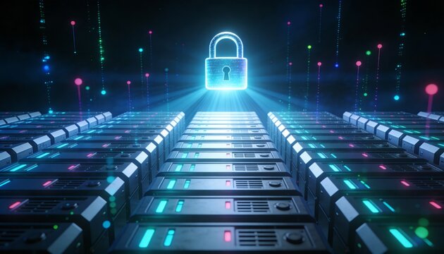 Radiant padlock hovering at the peak of a towering server stack emitting downward light beams, floating ascending data stream particles, minimalist clean 3D low-angle render, dark dramatic futuristic 