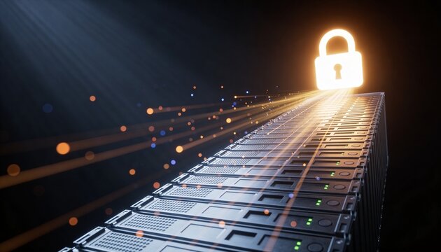 Radiant padlock hovering at the peak of a towering server stack emitting downward light beams, floating ascending data stream particles, minimalist clean 3D low-angle render, dark dramatic futuristic 