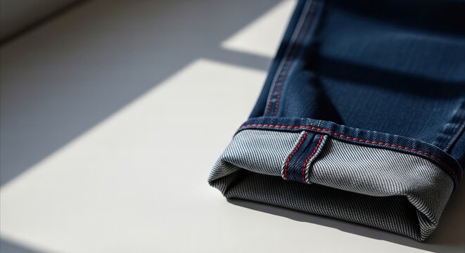 Selvedge denim cuff with red stitch detail, minimalist studio setting with natural light and copy space, premium fabric for fashion
