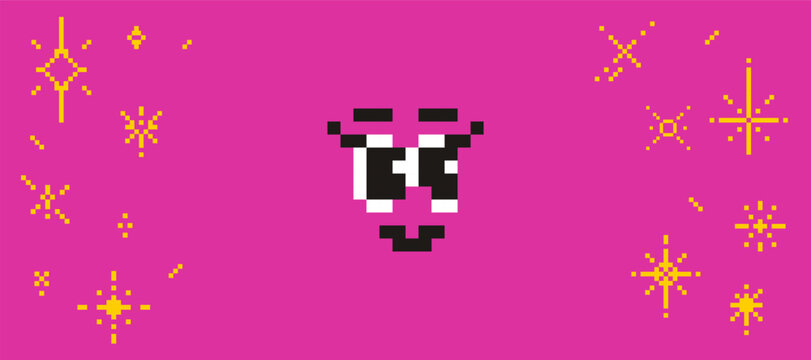 Pink background with pixel face, sparkle and funny mood. Emoji face icon for smiley avatar. Retro expression desing with simple character.