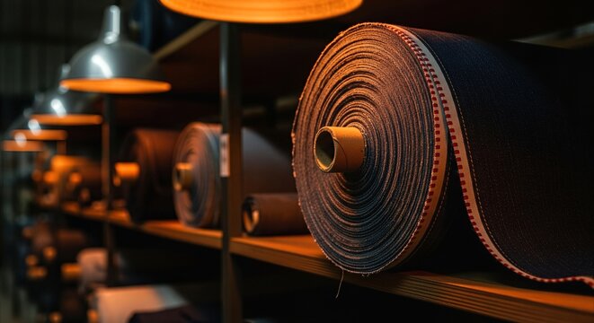 Roll of raw denim with selvedge ID on industrial shelf, highlighted by warm light, offering copy space for design
