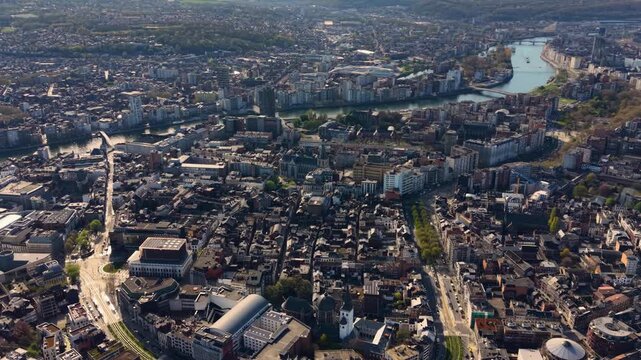 A panoramic Aerial view of the city Liege in Belgium, on a sunny spring morning