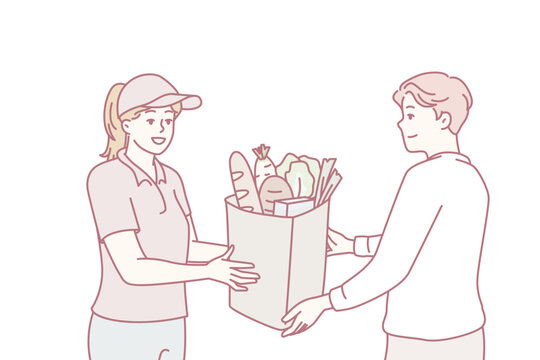 Optimistic woman courier handing out delivered food items to man online store customer. Young girl supermarket worker with smile serves customer and makes career in retail field. Flat vector design