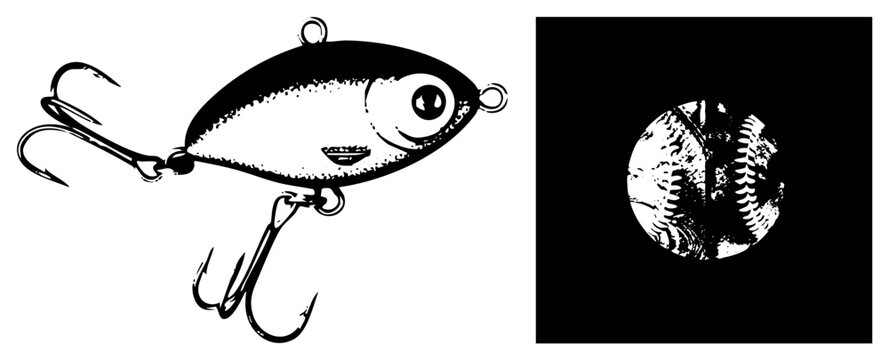 Hand drawn fishing jig &ldquo;skid lid&rdquo; meets &ldquo;brain bucket.&rdquo; Gritty,, wild stare, triple hooks. Ideal for logos/stickers. Fishy charm street art edge.