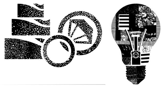 Gritty halftone/stencil graphic bike idea bulb. Evokes innovation on the move mechanical grit meets brainy spark. For makers, urban thinkers, DIY rebels who ride & ideate.