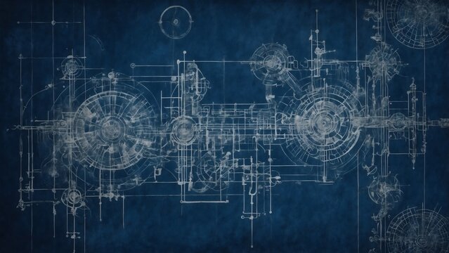 Intricate blueprint detailing complex machinery with gears and circuits, rendered in a classic blue and white schematic style, evoking a sense of engineering precision and innovation.
