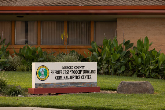 Los Banos, California, USA - October 28, 2024: A sign marks the Merced County Sheriff Jess Bowling Criminal Justice Center.
