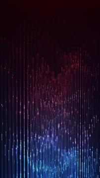 Vertical red blue digital light bars with glowing particles and data stream depth, abstract technology background animation, seamless loop, 4K 60fps.