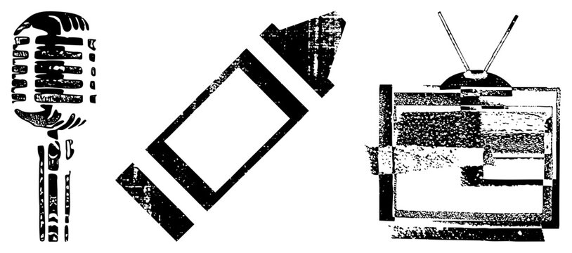Classic broadcast trio mic, speaker, TV in gritty stencil with halftone. Known as vox box or sound cannon, these evoke retro. Ideal for podcast branding or retro tech posters.