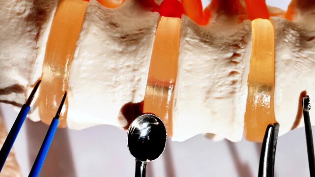 Lumbar spine model showing anterolateral surgical approach with medical instruments close up view for orthopedic education and spinal surgery simulation training material