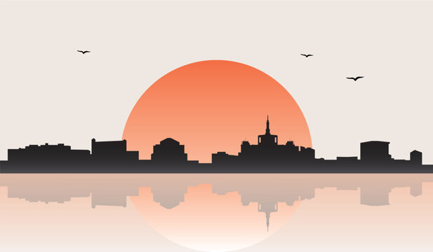 Minimalist contemporary Japanese-style drawing of a half sun skyline with water reflection poster panorama of BUCHAREST, ROMANIA