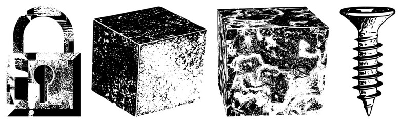 Fototapeta premium Rugged halftone graphics feature padlock, cube, screw street slang “security block,” “threaded.” Distressed textures add raw urban energy, ideal for edgy branding or stickers.