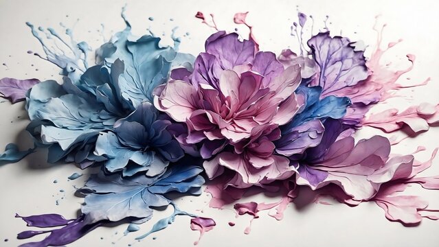 Watercolor floral arrangement with delicate petals in shades of blue, pink, and purple, artfully rendered with expressive splashes of paint creating a dreamy, ethereal effect.