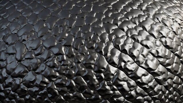 Close-up of a dark, textured surface with an organic, reptilian-like pattern, showcasing intricate detail and a metallic sheen.