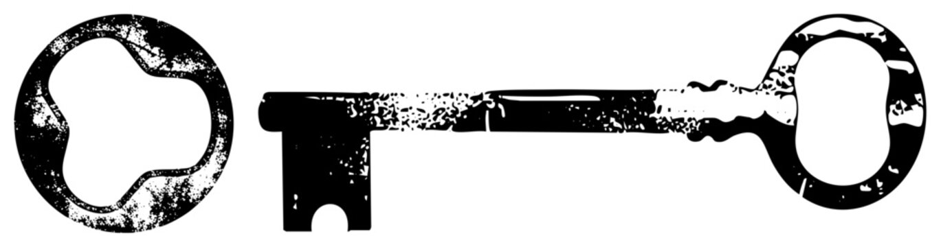 Vintage skeleton key in gritty halftone, dubbed &ldquo;bit&rdquo; or &ldquo;warded&rdquo; by collectors weathered, antique charm. Ideal for mystery/noir branding blending old school security with edgy design.