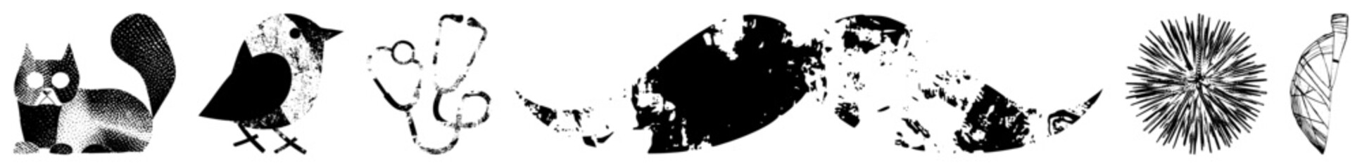 Obraz premium Edgy glyph cutouts cat, bird, stethoscope, abstracts, sea urchin, leaf for indie/punk branding. High contrast black on transparent with halftone grain & stencil edges. Ideal for urban posters or s