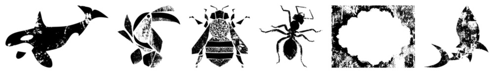 Obraz premium Edgy wildlife cutouts (orca, toucan, bee, ant, cloud frame, shark) in gritty halftone style “ink splatter critters” or “distressed fauna glyphs.” Ideal for punk posters, streetwear. Rough edges blend