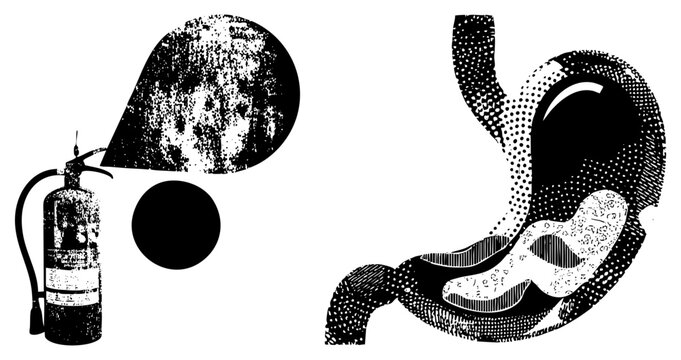 Gritty halftone fire extinguisher spews smoke beside a stylized stomach digesting food &ldquo;fire bottle&rdquo; meets &ldquo;gut art.&rdquo; Raw, textured, bold black and white cutout fusing safety gear with anatomy via