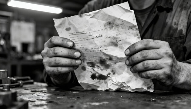 Close-up of stained rough hands clutching a refolded paper with coffee marks and creases with short clean nails and thick calluses and small scars
