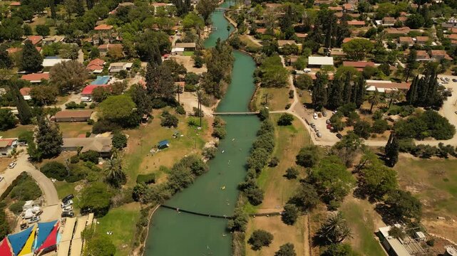 Aerial View of Nir David Kibbutz and Turquoise Water Canals Israel