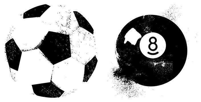 Streetball meets pool hall gritty soccer & billiard balls, speckled like vintage prints. Ideal for edgy branding or retro game night posters.