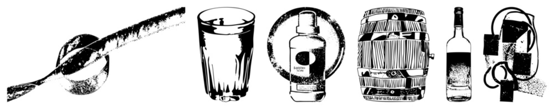 Hand drawn booze with gritty texture hooch, rotgut, moonshine vibes. Rough cut drink symbols for dive bars, tavern signs, or cocktail merch. Bold black and white, no background noise.