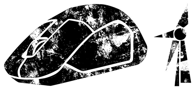 Rough edged windmill, weathered turbine glyph, eco symbol. Called &ldquo;wind spinner&rdquo; or &ldquo;breezy &rdquo; casually. Textured black and white cutout for bold environmental graphics.