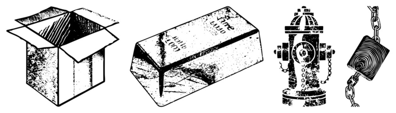 Rugged halftone graphics show open box, gold bar marked &ldquo;fine&rdquo;, fire hydrant with chains, padlock on chain streetwise symbols, urban, grittier than your average clipart.