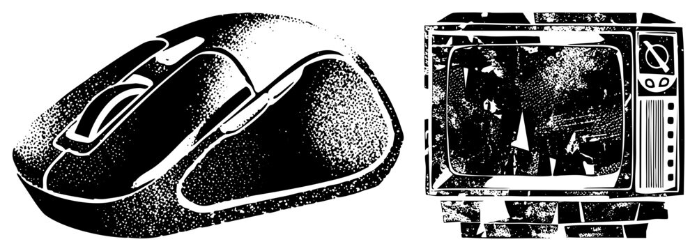 Retro mouse & vintage TV in gritty halftone &ldquo;clicker&rdquo; & &ldquo;box&rdquo; vibes. Pixelated, worn edges, analog screen noise. Ideal for tech nostalgia or.