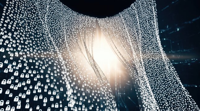 A minimalist digital artwork depicting a glowing white light shining through a veil of tiny white locks on a dark background representing data security and privacy concepts