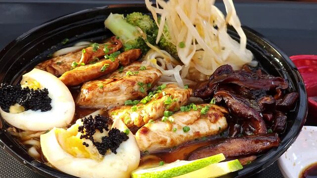 An extreme macro shot of a steaming bowl of ramen. The focus is on the rich textures of succulent grilled chicken strips garnished with green onions, soft-boiled egg halves topped with black tobiko 