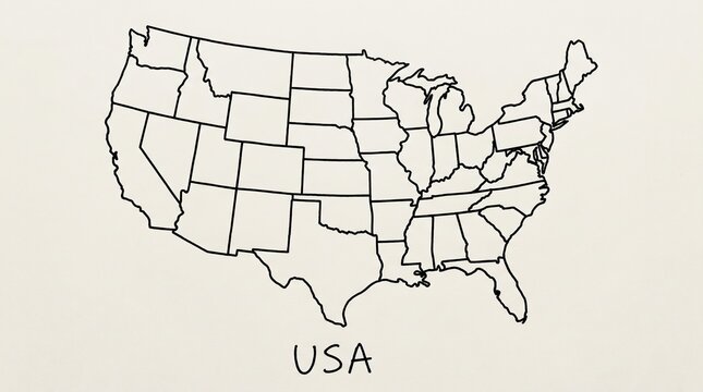 Hand drawn map of the united states of america on a beige background with black lines