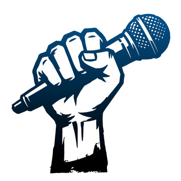 Illustration of human hand holding microphone high representing vocal performance music and podcasting.