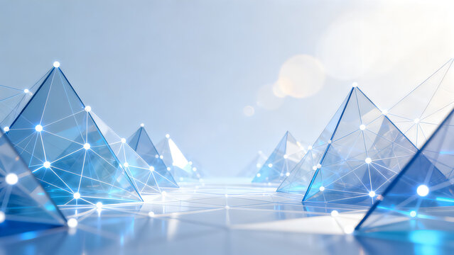 Futuristic blue glass pyramids with digital network connections, abstract technology landscape, glowing geometric crystal structures for data science isolated on White Background