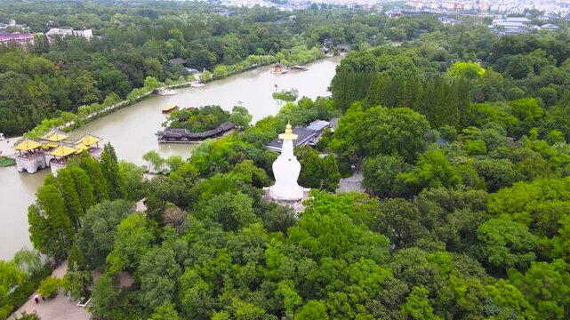 Aerial View of Slender West Lake Park in Yangzhou China