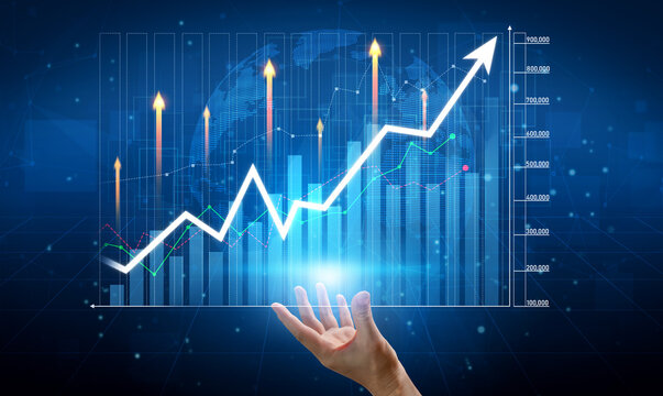 A hand reaches out towards a dynamic financial graph showing growth with upward arrows and data visuals, symbolizing success and innovation in business analytics. Scalp