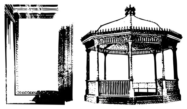 Gritty halftone park bandstand (aka gazebo/pavilion) with speckled shadows. Adjacent frame (&ldquo; booth cutout&rdquo;/&ldquo;poster border&rdquo;) matches distressed style. Ideal for retro posters or vintage branding.