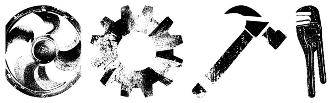 Rugged mechanical spanner, gear, claw hammer in gritty halftone. Ideal for industrial branding or workshop decor with raw, vintage vibes.