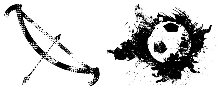 Gritty halftone bow football bursting through ink splatter &ldquo;soccers&rdquo; or &ldquo;footy balls&rdquo; casually, &ldquo;longbow&rdquo;/&ldquo;warbow&rdquo; trad. Stark B&W screams urban street art meets vintage stencil.
