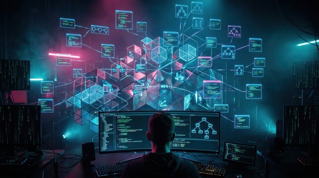 Programmer working on illuminated code repository with floating visualizations and network connections in a dark room
