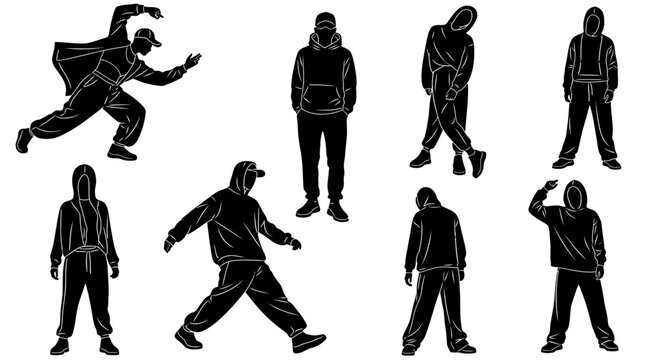 Street dancer silhouettes in hoodie outfits, urban hip hop performance