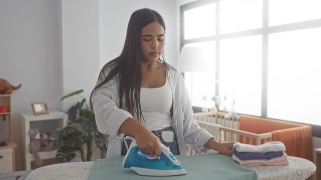 Young woman irons a shirt with an iron while holding a phone to her ear in a bright nursery building with crib and toys; multitasking calm.