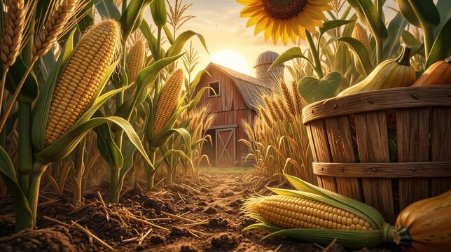 Retro illustration of farm field with corn and wheat near rustic barn at sunset. Agricultural landscape featuring wooden basket with vegetable harvest. Concept of rural life and bounty.
