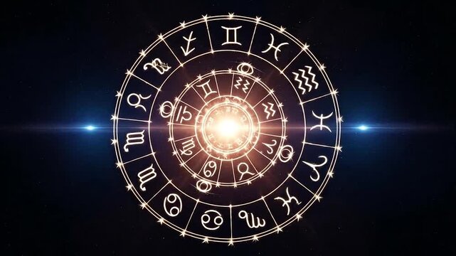 Zodiac wheel with glowing astrology symbols.