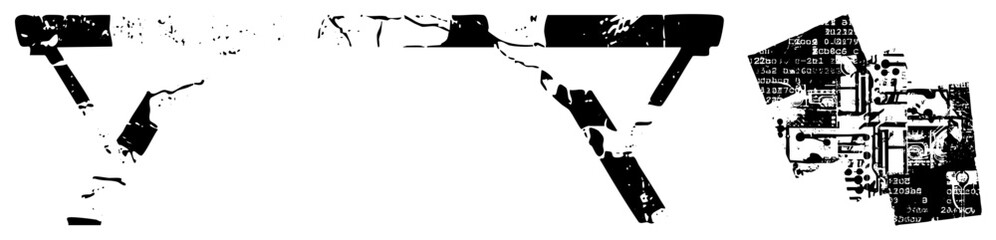 Fototapeta premium Abstract glitch tech motif with pixel decay, circuit guts, digital rubble aka “glitch ghost” or “data shatter.” High contrast B&W vector, halftone noise, shattered geometry. Ideal for /retr