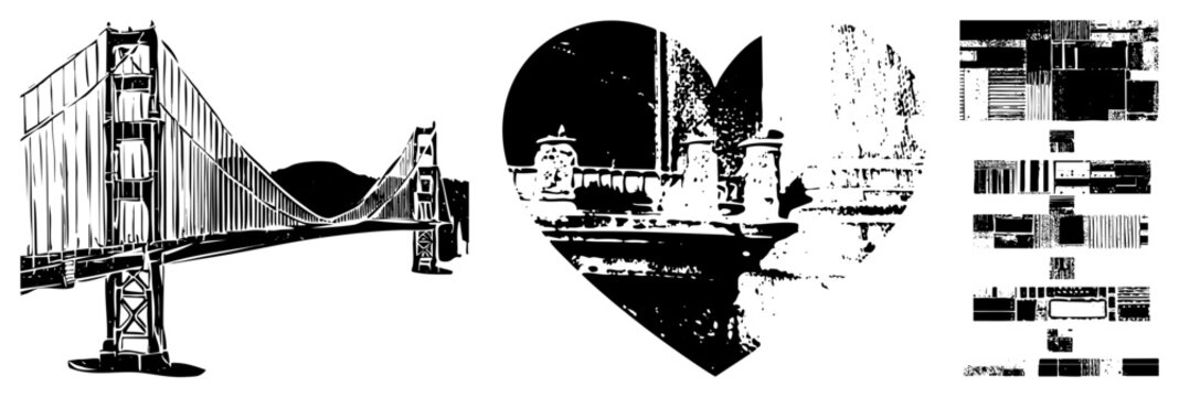 Gritty stencil of suspension bridge, &ldquo;The Gate&rdquo; or &ldquo;Steel,&rdquo; framed by a love heart with foggy. Halftone textures, high contrast evoke vintage posters and street art.